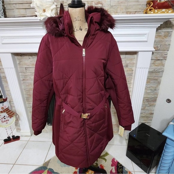 Michael Kors burgundy and gold long puffer coat faux fur trim plus size 3X NEW!! - Picture 1 of 10